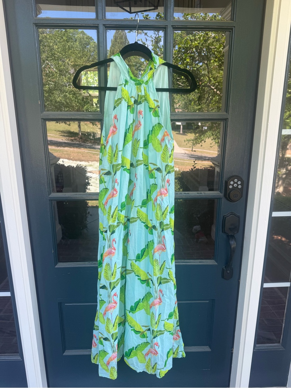 Tropical Halter Maxi Dress with Flamingo Print - Aqua